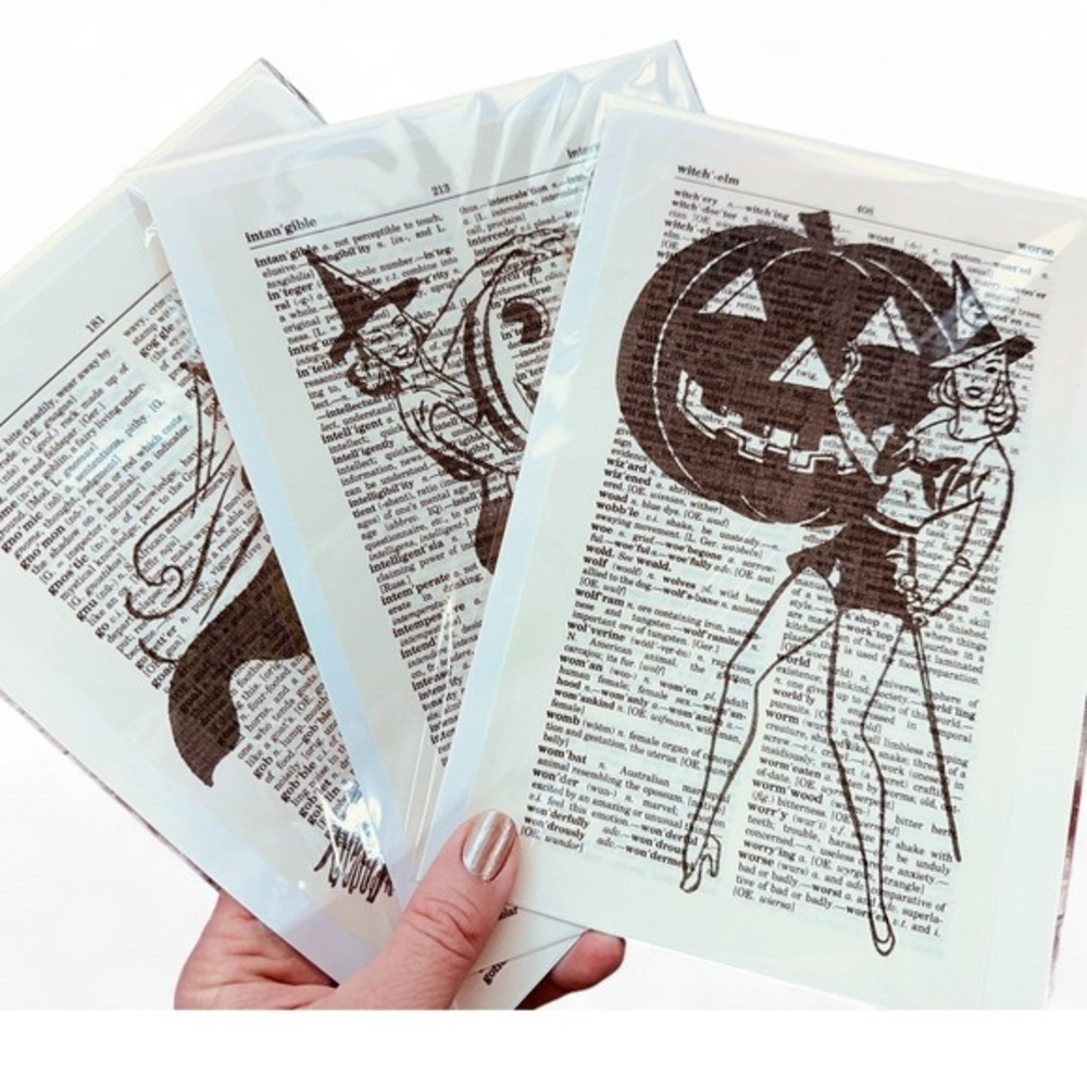 Sexy Witch Costume Halloween Theme Upcycled Dictionary Art Prints Lot of 3 OOAK